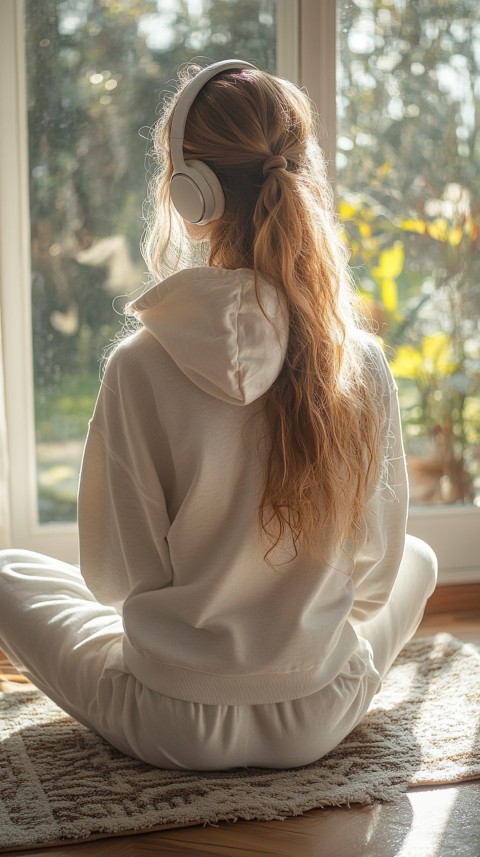 Back View of a Woman in a White Hoodie and Headphones on a Boho Carpet Lazy Girl Aesthetic (59)