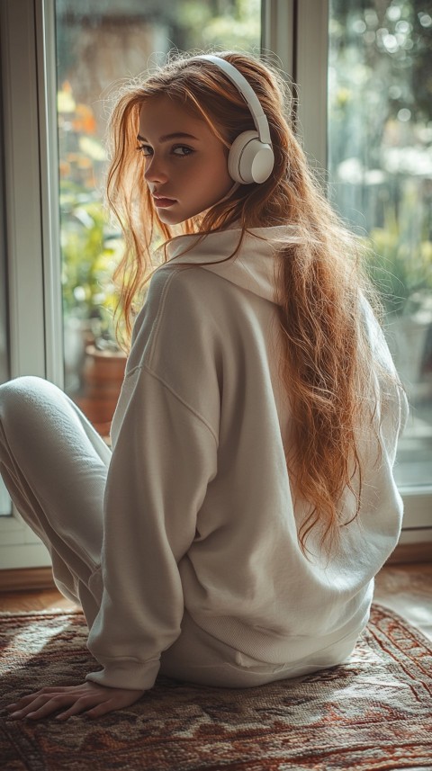 Back View of a Woman in a White Hoodie and Headphones on a Boho Carpet Lazy Girl Aesthetic (57)