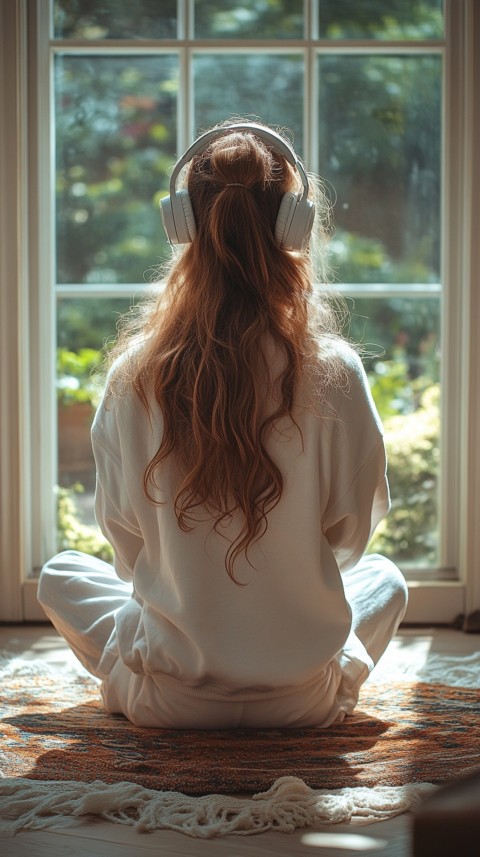 Back View of a Woman in a White Hoodie and Headphones on a Boho Carpet Lazy Girl Aesthetic (69)