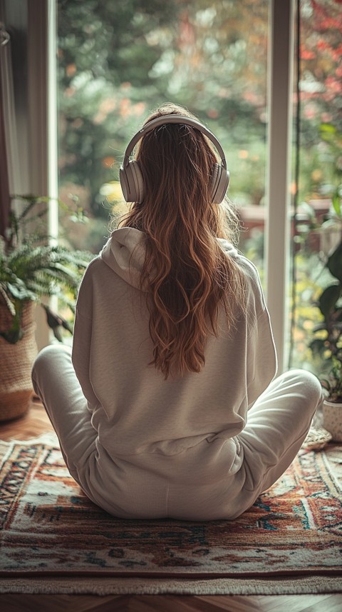 Back View of a Woman in a White Hoodie and Headphones on a Boho Carpet Lazy Girl Aesthetic (86)