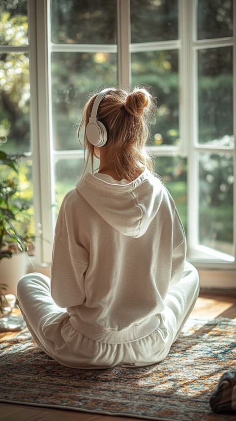 Back View of a Woman in a White Hoodie and Headphones on a Boho Carpet Lazy Girl Aesthetic (68)