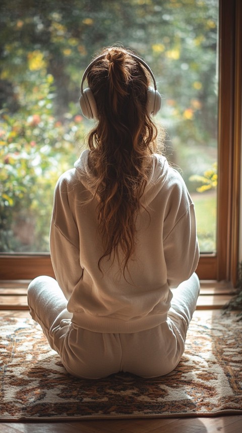 Back View of a Woman in a White Hoodie and Headphones on a Boho Carpet Lazy Girl Aesthetic (97)