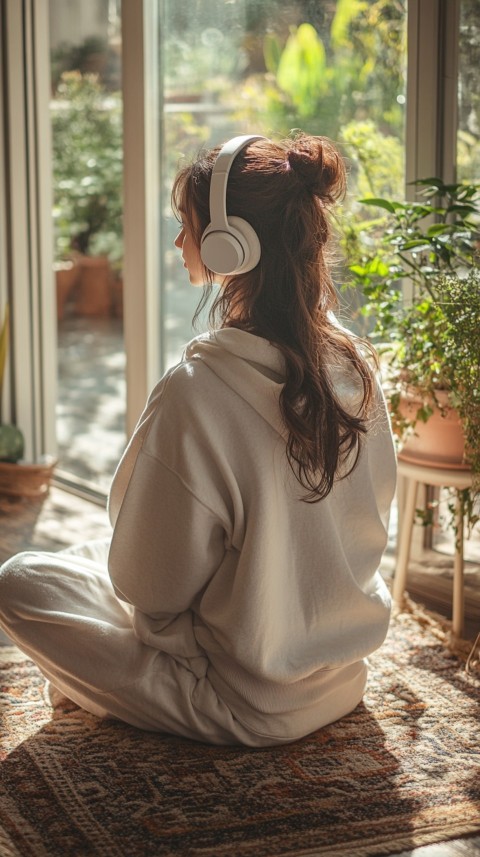 Back View of a Woman in a White Hoodie and Headphones on a Boho Carpet Lazy Girl Aesthetic (111)