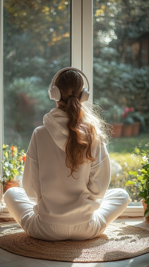 Back View of a Woman in a White Hoodie and Headphones on a Boho Carpet Lazy Girl Aesthetic (98)