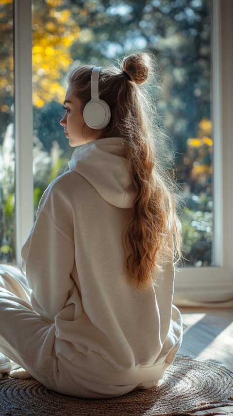 Back View of a Woman in a White Hoodie and Headphones on a Boho Carpet Lazy Girl Aesthetic (92)