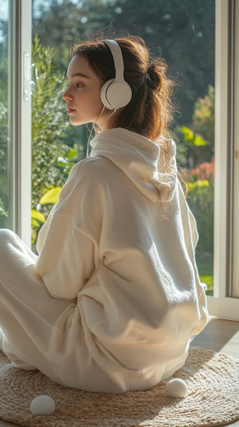 Back View of a Woman in a White Hoodie and Headphones on a Boho Carpet Lazy Girl Aesthetic (126)