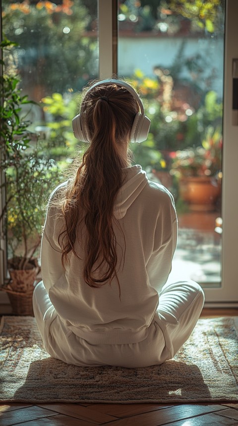 Back View of a Woman in a White Hoodie and Headphones on a Boho Carpet Lazy Girl Aesthetic (113)