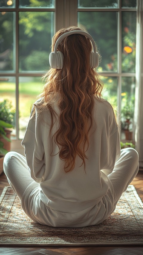 Back View of a Woman in a White Hoodie and Headphones on a Boho Carpet Lazy Girl Aesthetic (107)