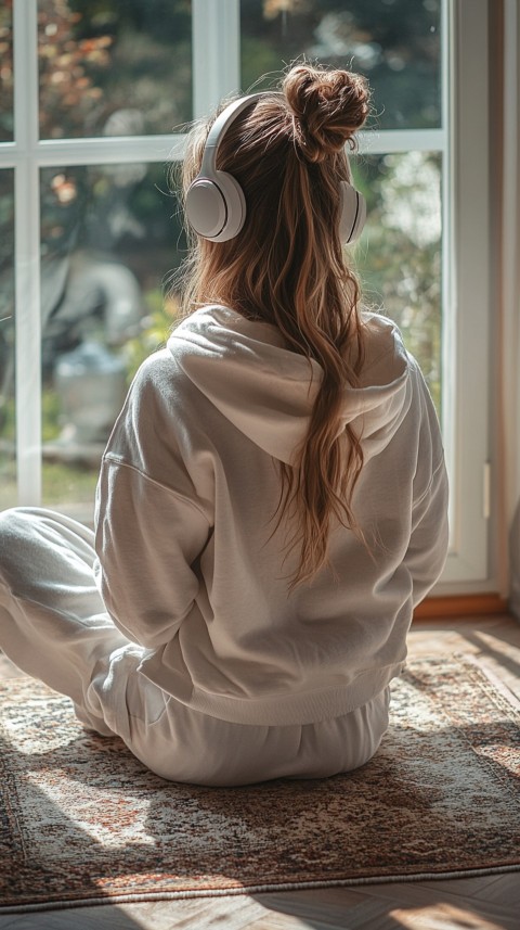 Back View of a Woman in a White Hoodie and Headphones on a Boho Carpet Lazy Girl Aesthetic (96)