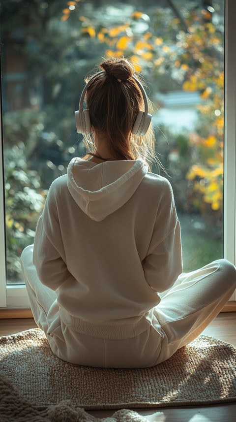 Back View of a Woman in a White Hoodie and Headphones on a Boho Carpet Lazy Girl Aesthetic (100)