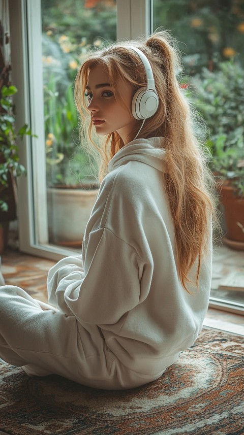 Back View of a Woman in a White Hoodie and Headphones on a Boho Carpet Lazy Girl Aesthetic (131)