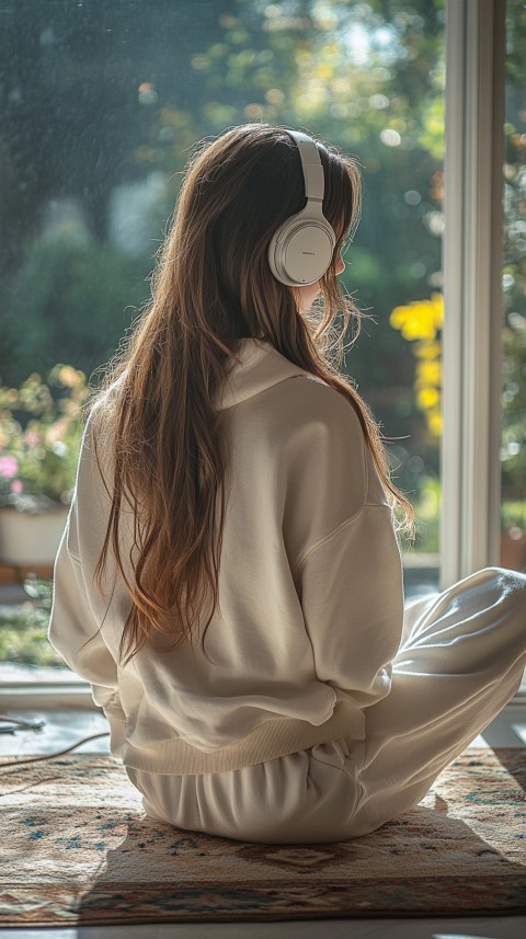 Back View of a Woman in a White Hoodie and Headphones on a Boho Carpet Lazy Girl Aesthetic (91)