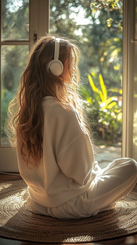 Back View of a Woman in a White Hoodie and Headphones on a Boho Carpet Lazy Girl Aesthetic (115)