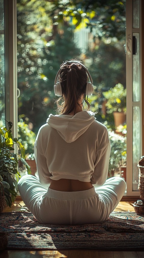 Back View of a Woman in a White Hoodie and Headphones on a Boho Carpet Lazy Girl Aesthetic (106)