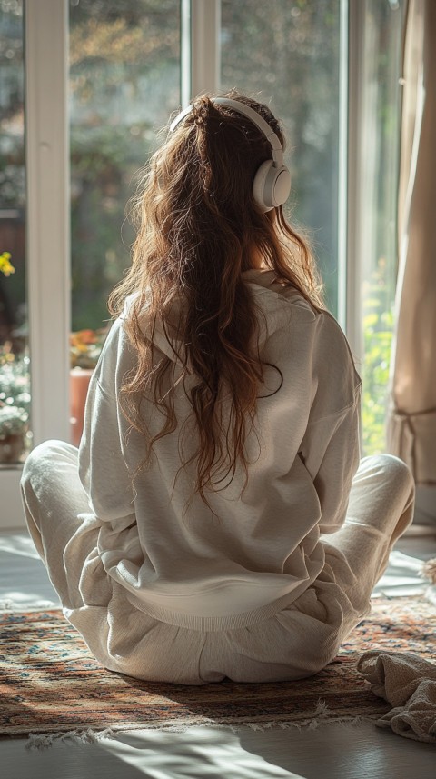 Back View of a Woman in a White Hoodie and Headphones on a Boho Carpet Lazy Girl Aesthetic (124)