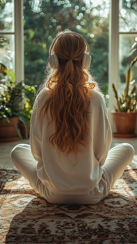 Back View of a Woman in a White Hoodie and Headphones on a Boho Carpet Lazy Girl Aesthetic (102)