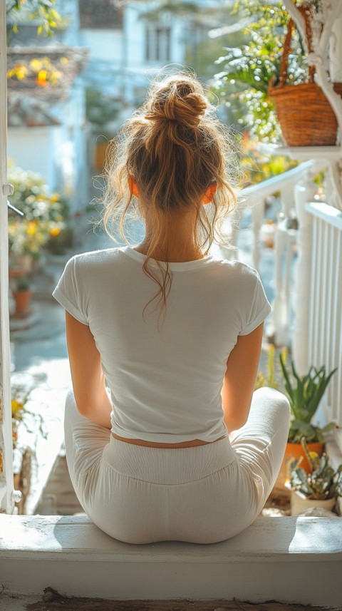 Back View of a Woman in a White T Shirt and Sweatpants Sitting on a Porch Stairs – Cozy Street Aesthetic (4)