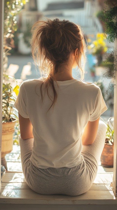 Back View of a Woman in a White T Shirt and Sweatpants Sitting on a Porch Stairs – Cozy Street Aesthetic (39)