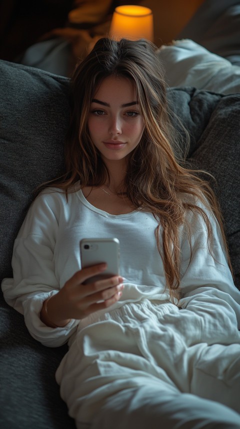 Candid Photo of a Woman in a White T Shirt and Sweatpants on a Dark Gray Couch – Realistic Detail (17)