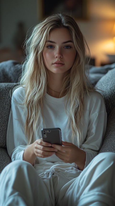 Candid Photo of a Woman in a White T Shirt and Sweatpants on a Dark Gray Couch – Realistic Detail (11)