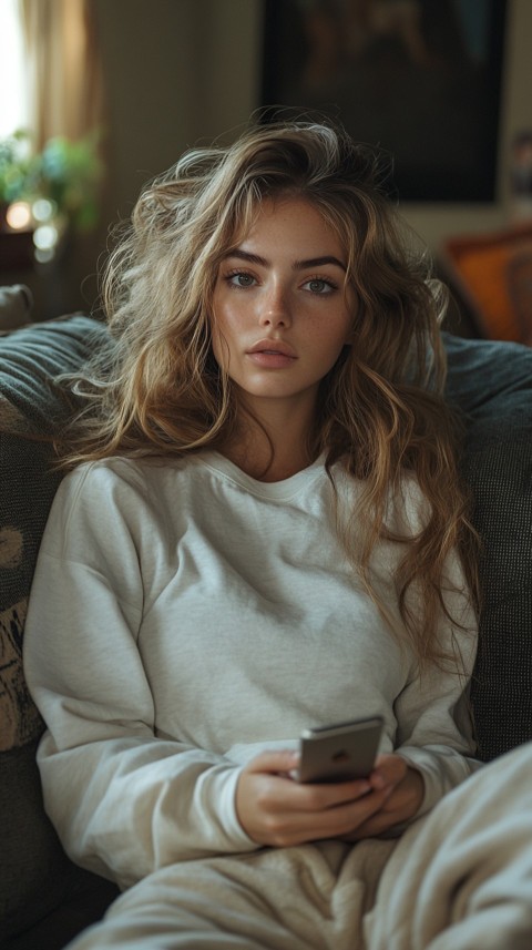 Candid Photo of a Woman in a White T Shirt and Sweatpants on a Dark Gray Couch – Realistic Detail (18)