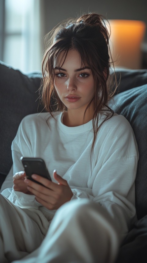 Candid Photo of a Woman in a White T Shirt and Sweatpants on a Dark Gray Couch – Realistic Detail (14)