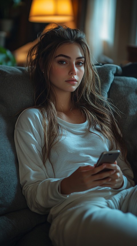 Candid Photo of a Woman in a White T Shirt and Sweatpants on a Dark Gray Couch – Realistic Detail (6)