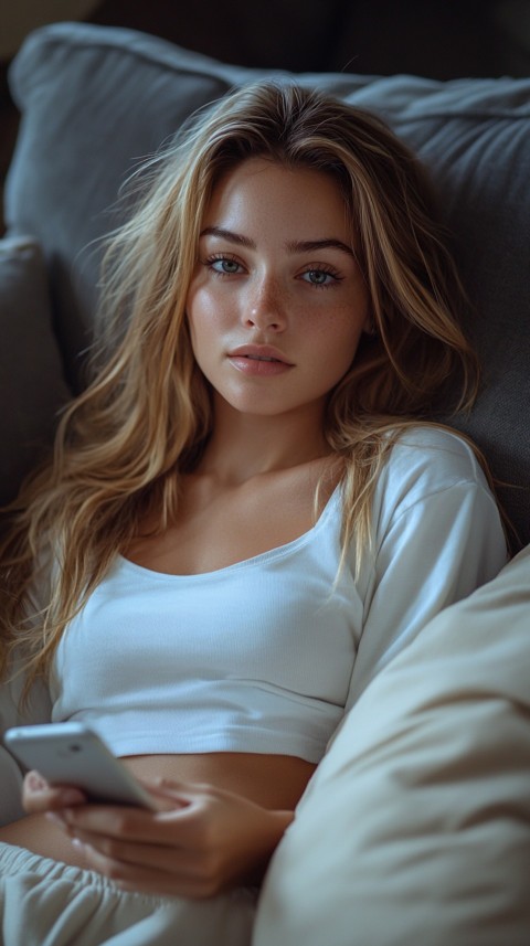 Candid Photo of a Woman in a White T Shirt and Sweatpants on a Dark Gray Couch – Realistic Detail (9)