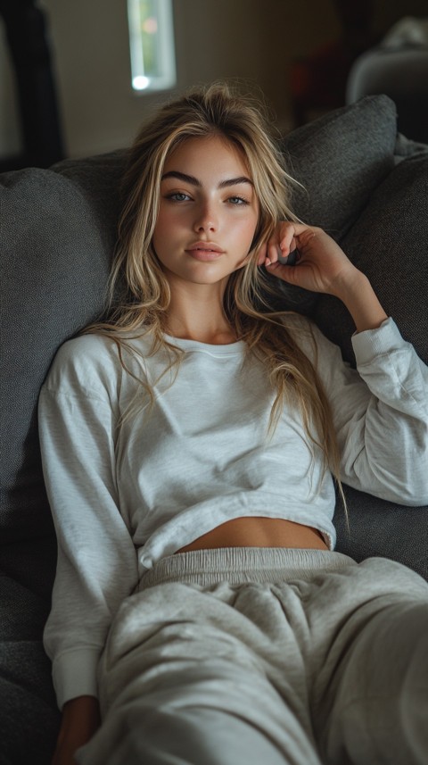 Candid Photo of a Woman in a White T Shirt and Sweatpants on a Dark Gray Couch – Realistic Detail (2)