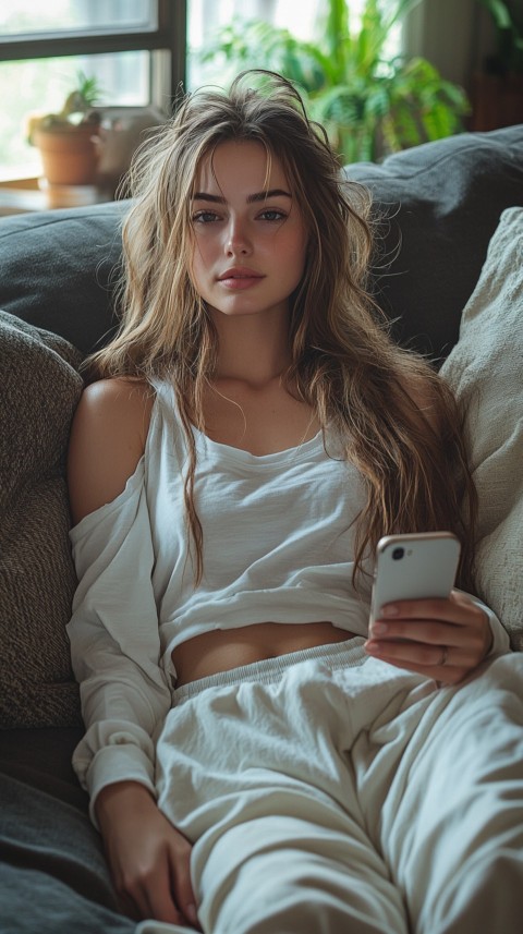 Candid Photo of a Woman in a White T Shirt and Sweatpants on a Dark Gray Couch – Realistic Detail (20)