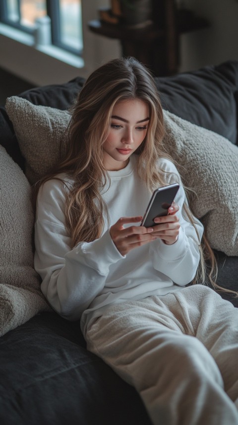 Candid Photo of a Woman in a White T Shirt and Sweatpants on a Dark Gray Couch – Realistic Detail (35)