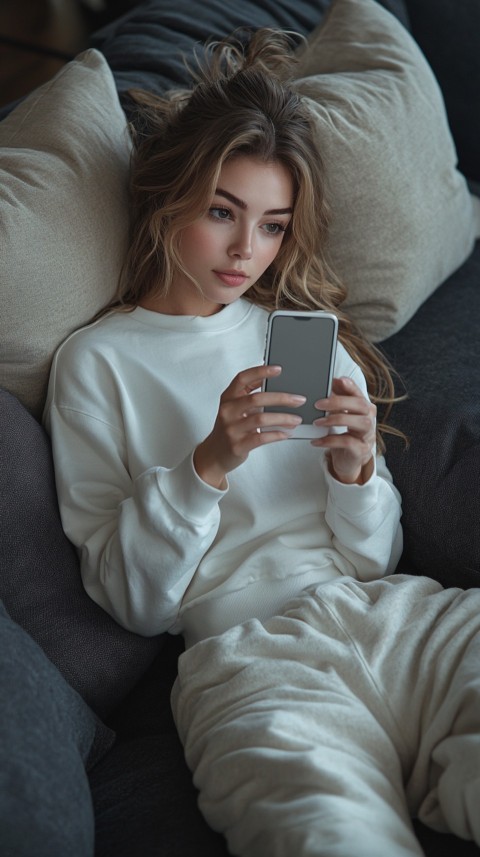 Candid Photo of a Woman in a White T Shirt and Sweatpants on a Dark Gray Couch – Realistic Detail (38)