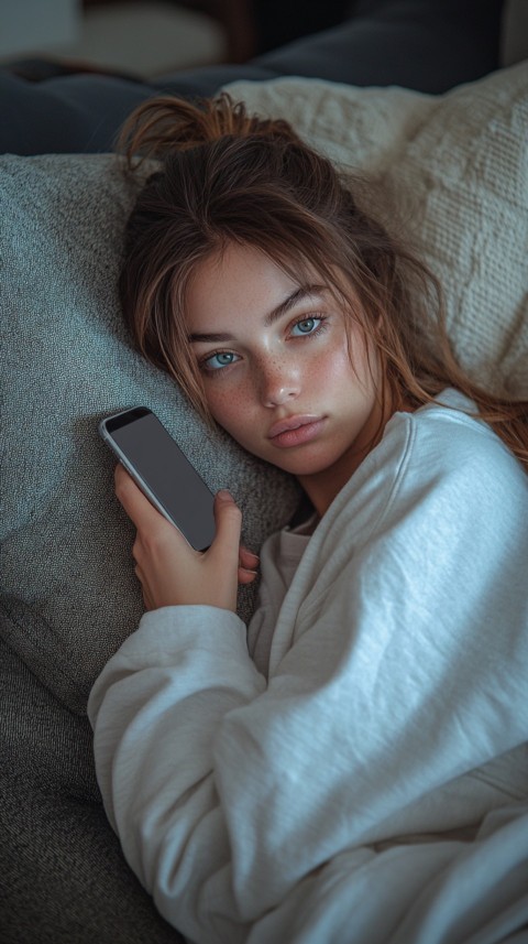 Candid Photo of a Woman in a White T Shirt and Sweatpants on a Dark Gray Couch – Realistic Detail (26)