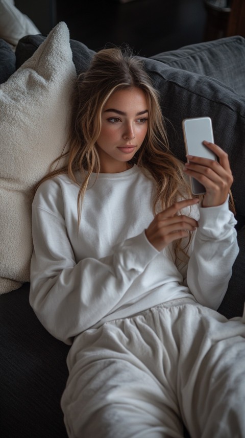 Candid Photo of a Woman in a White T Shirt and Sweatpants on a Dark Gray Couch – Realistic Detail (30)