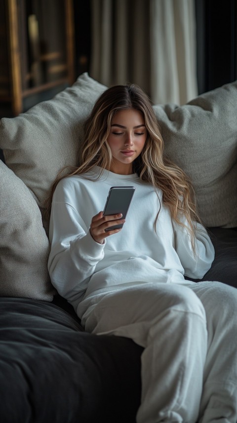 Candid Photo of a Woman in a White T Shirt and Sweatpants on a Dark Gray Couch – Realistic Detail (40)