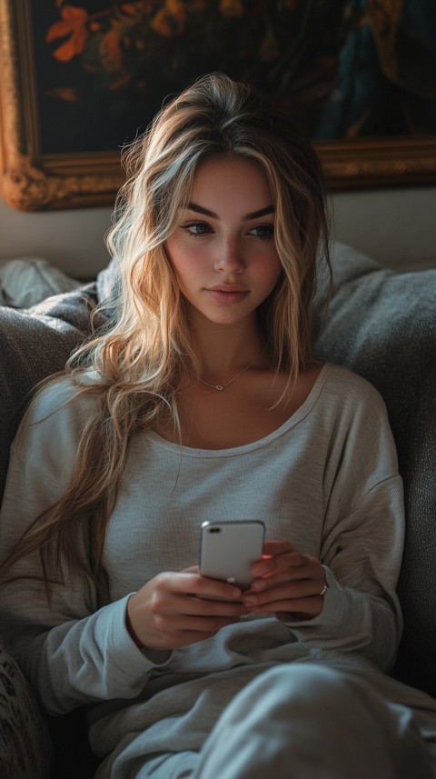 Candid Photo of a Woman in a White T Shirt and Sweatpants on a Dark Gray Couch – Realistic Detail (24)