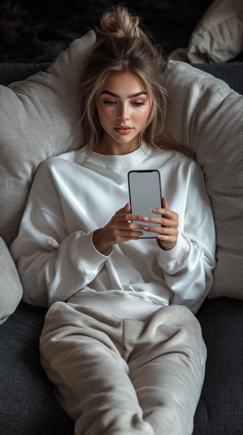 Candid Photo of a Woman in a White T Shirt and Sweatpants on a Dark Gray Couch – Realistic Detail (34)