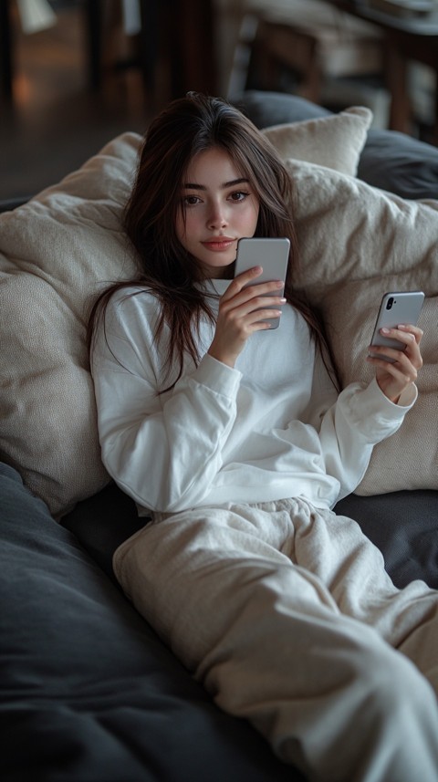 Candid Photo of a Woman in a White T Shirt and Sweatpants on a Dark Gray Couch – Realistic Detail (50)