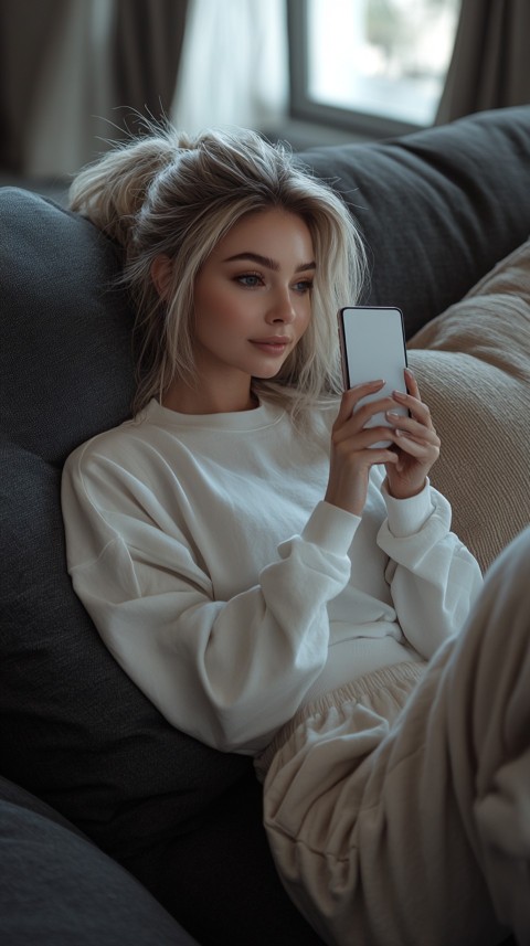 Candid Photo of a Woman in a White T Shirt and Sweatpants on a Dark Gray Couch – Realistic Detail (32)