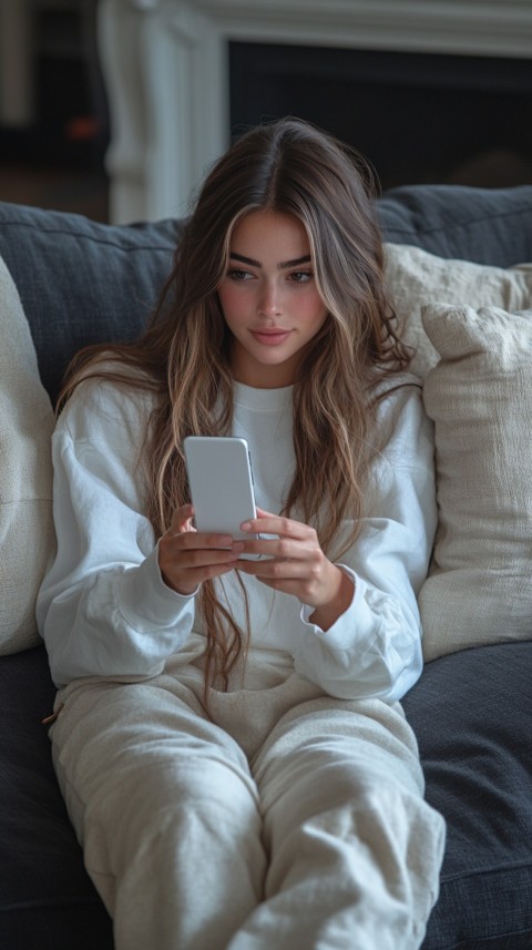 Candid Photo of a Woman in a White T Shirt and Sweatpants on a Dark Gray Couch – Realistic Detail (49)