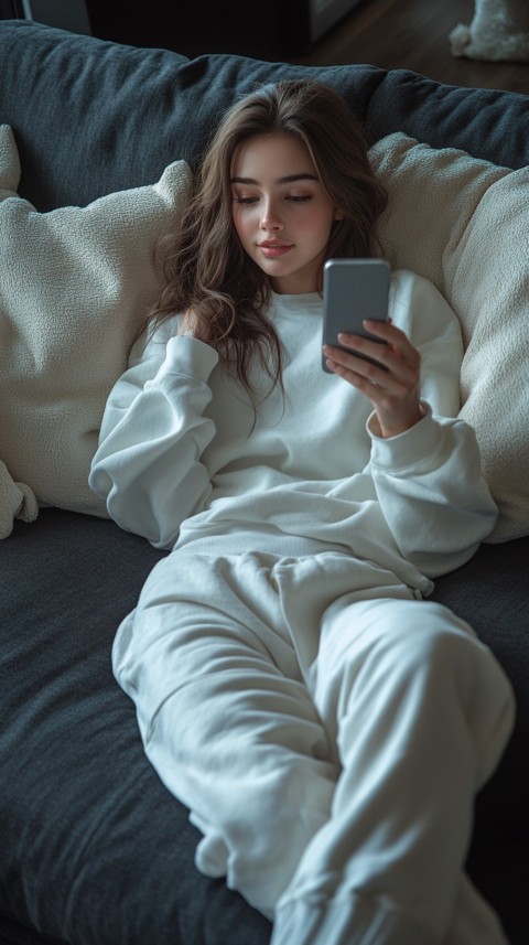 Candid Photo of a Woman in a White T Shirt and Sweatpants on a Dark Gray Couch – Realistic Detail (29)