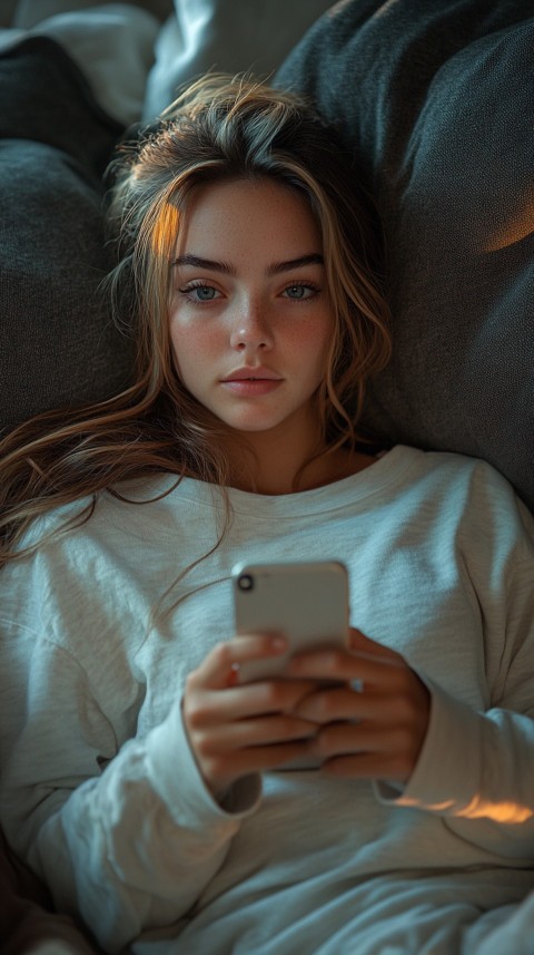 Candid Photo of a Woman in a White T Shirt and Sweatpants on a Dark Gray Couch – Realistic Detail (21)