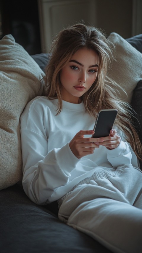 Candid Photo of a Woman in a White T Shirt and Sweatpants on a Dark Gray Couch – Realistic Detail (33)