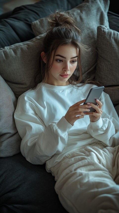 Candid Photo of a Woman in a White T Shirt and Sweatpants on a Dark Gray Couch – Realistic Detail (46)