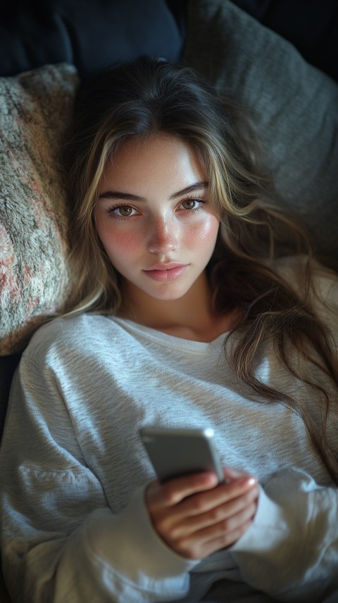 Candid Photo of a Woman in a White T Shirt and Sweatpants on a Dark Gray Couch – Realistic Detail (25)