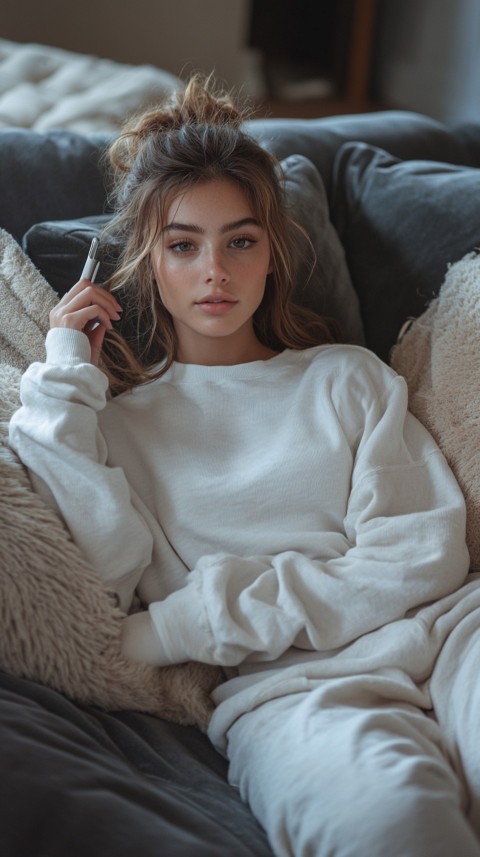 Candid Photo of a Woman in a White T Shirt and Sweatpants on a Dark Gray Couch – Realistic Detail (62)