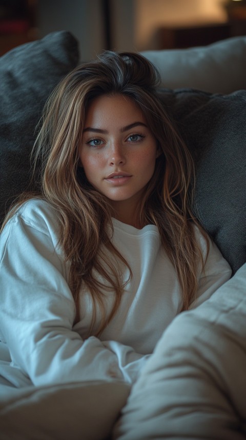 Candid Photo of a Woman in a White T Shirt and Sweatpants on a Dark Gray Couch – Realistic Detail (92)