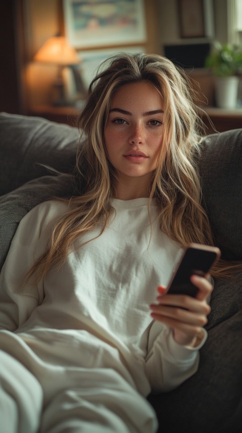 Candid Photo of a Woman in a White T Shirt and Sweatpants on a Dark Gray Couch – Realistic Detail (87)