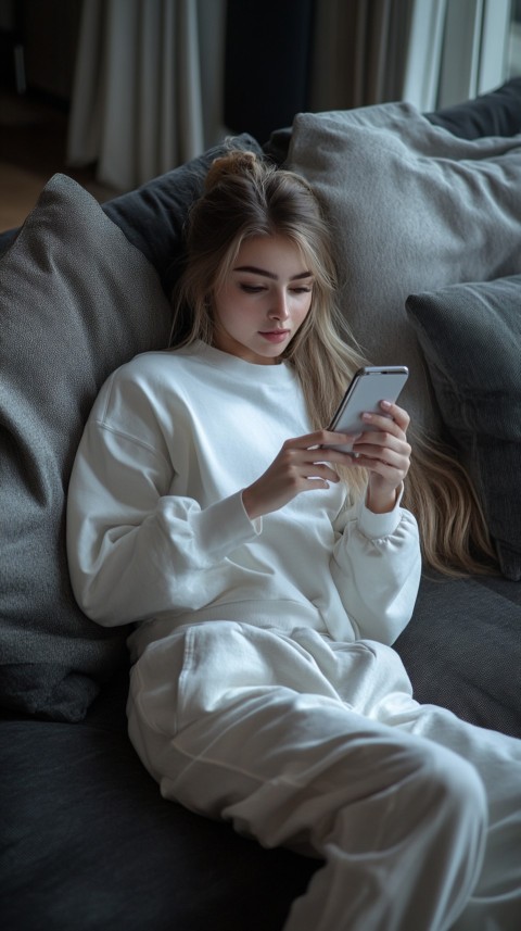 Candid Photo of a Woman in a White T Shirt and Sweatpants on a Dark Gray Couch – Realistic Detail (54)