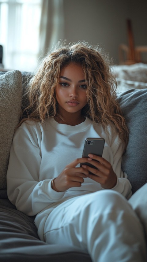 Candid Photo of a Woman in a White T Shirt and Sweatpants on a Dark Gray Couch – Realistic Detail (94)